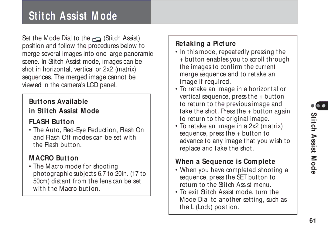 Canon A50 manual Buttons Available Stitch Assist Mode Flash Button, Retaking a Picture, When a Sequence is Complete 