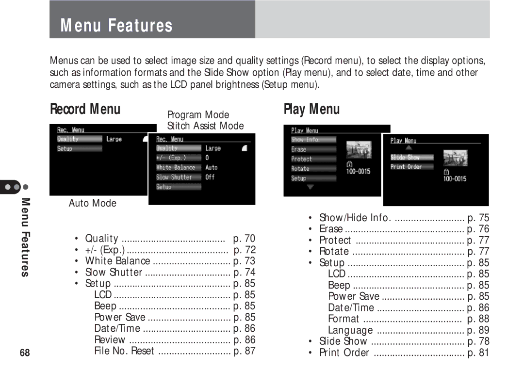 Canon A50 manual Menu Features, Record Menu, Play Menu 