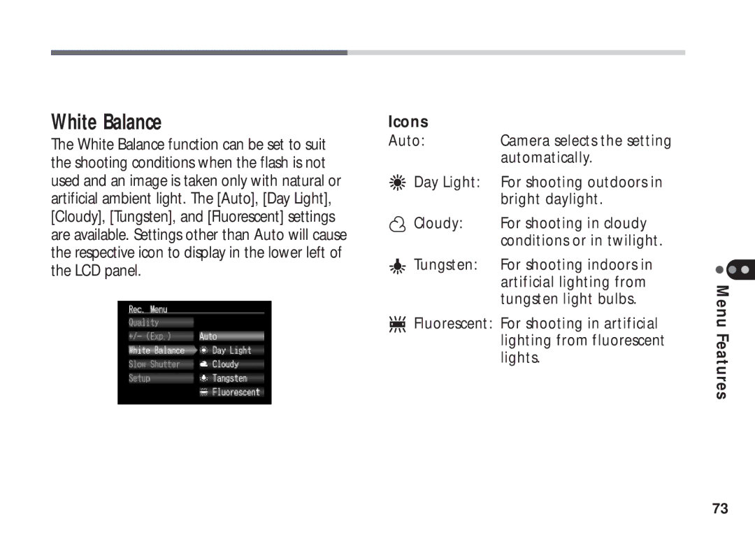 Canon A50 manual White Balance, Icons 