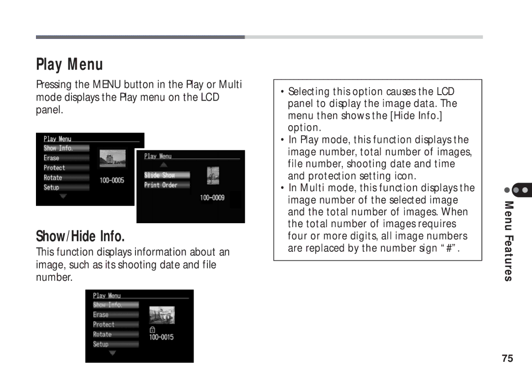 Canon A50 manual Play Menu, Show/Hide Info 