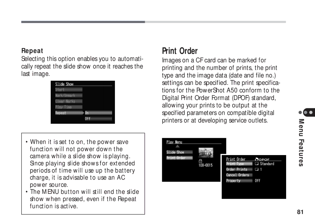 Canon A50 manual Print Order, Repeat, Specified parameters on compatible digital 