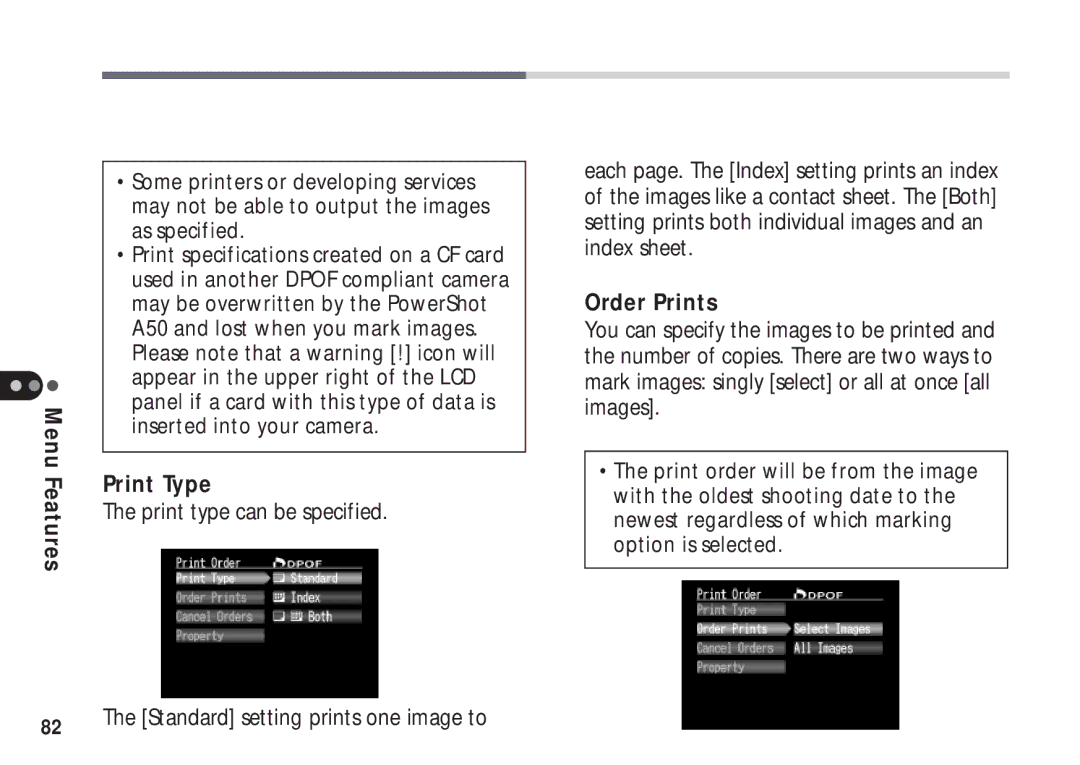 Canon A50 manual Print Type, Order Prints, Standard setting prints one image to 