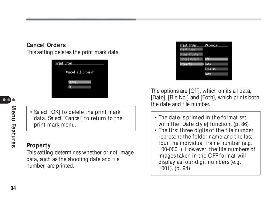 Canon A50 manual Cancel Orders, This setting deletes the print mark data, Property 