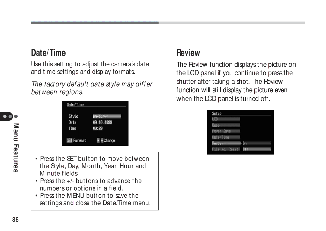 Canon A50 manual Date/Time, Review 