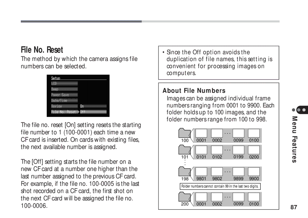 Canon A50 manual File No. Reset, About File Numbers 