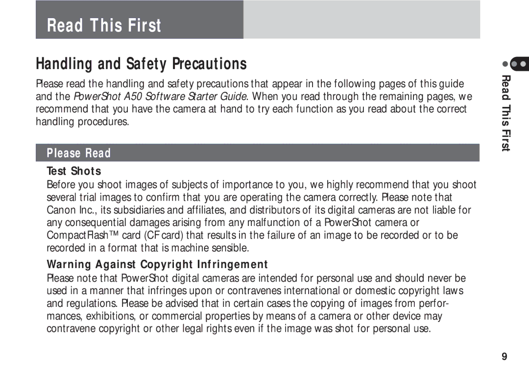 Canon A50 manual Read This First, Handling and Safety Precautions, Test Shots 