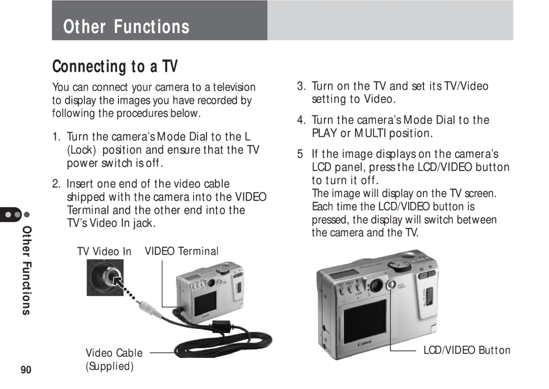 Canon A50 manual Other Functions, Connecting to a TV 