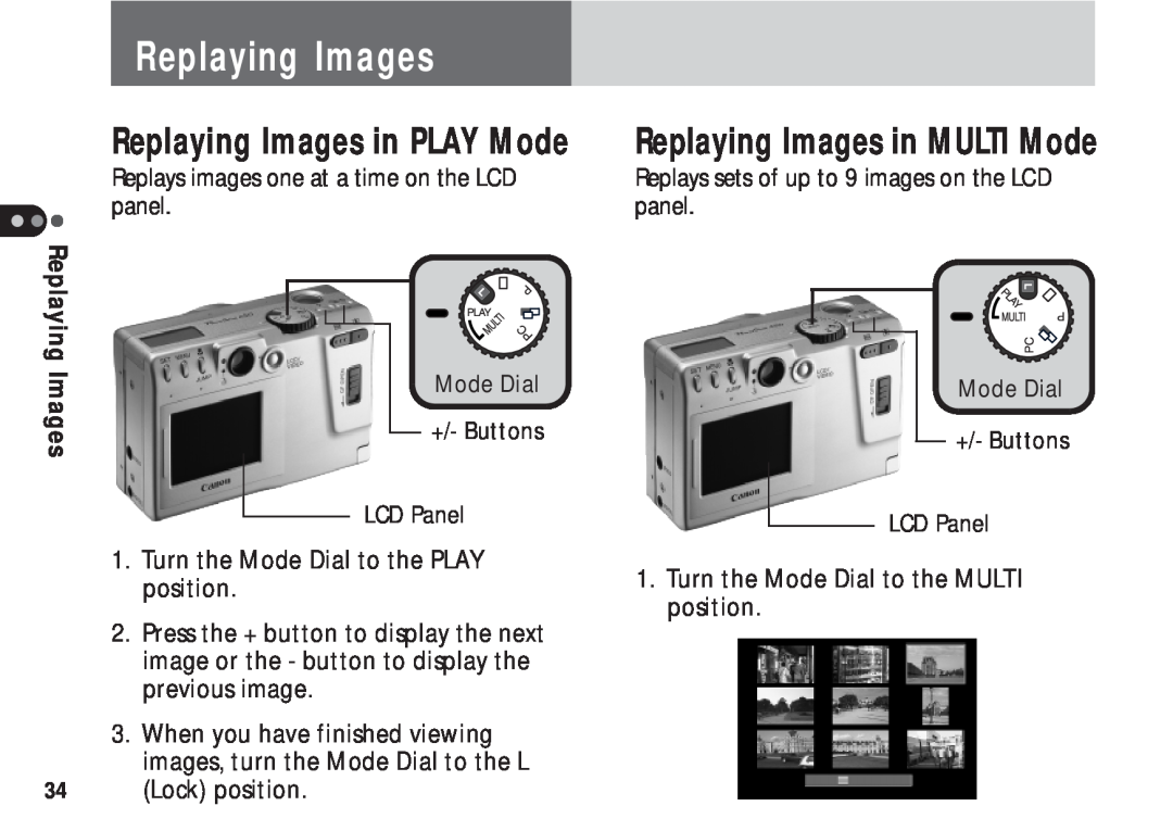 Canon A50 manual Replaying Images in PLAY Mode, Replaying Images in MULTI Mode 