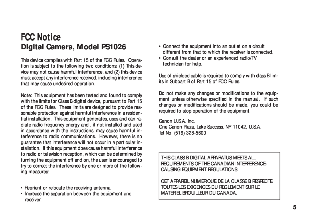Canon A50 manual FCC Notice, Digital Camera, Model PS1026 