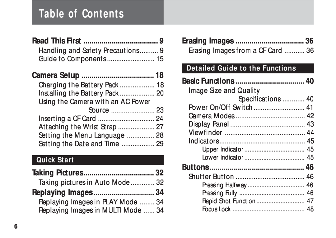 Canon A50 Table of Contents, Read This First, Camera Setup, Quick Start, Taking Pictures, Replaying Images, Erasing Images 