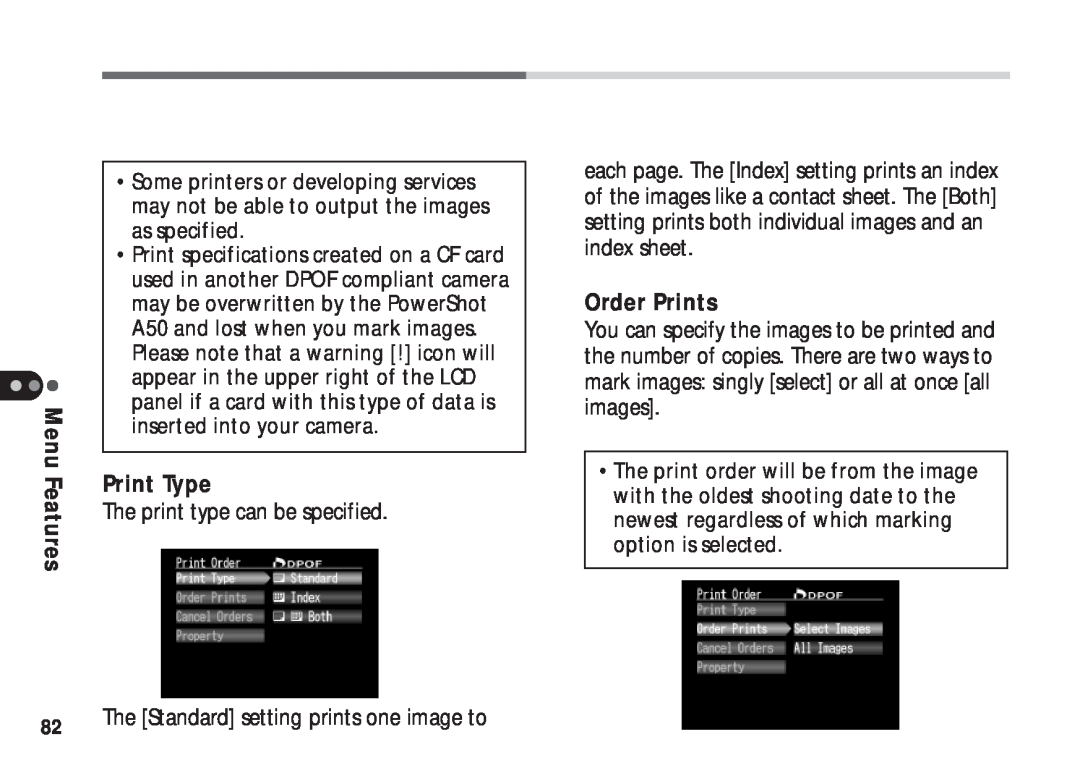Canon A50 manual Print Type, Order Prints 