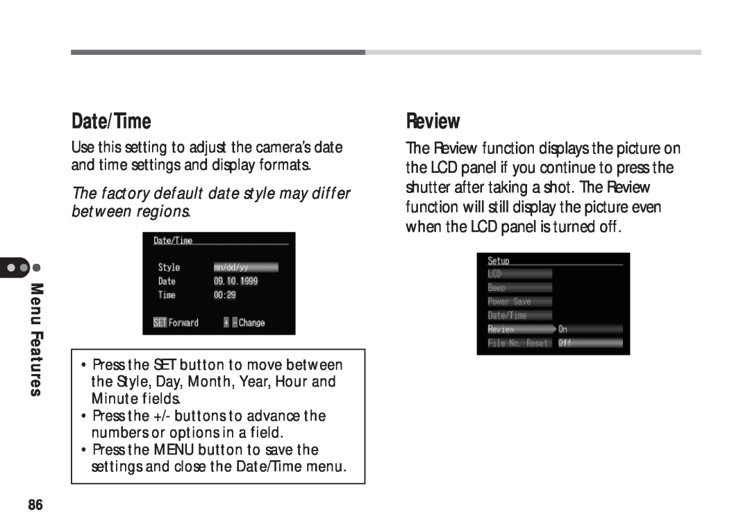 Canon A50 manual Date/Time, Review, The factory default date style may differ between regions 