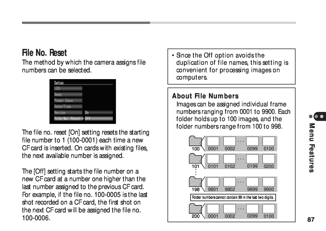 Canon A50 manual File No. Reset, The method by which the camera assigns file numbers can be selected, About File Numbers 