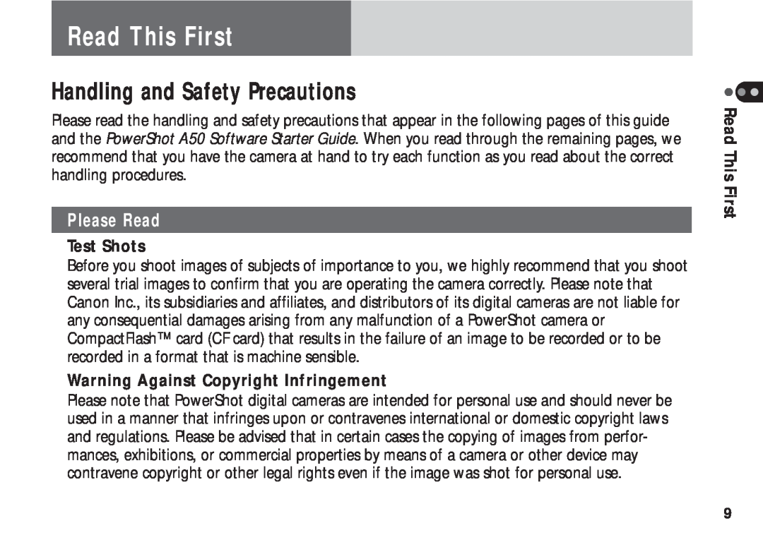 Canon A50 manual Read This First, Handling and Safety Precautions, Please Read, Test Shots 