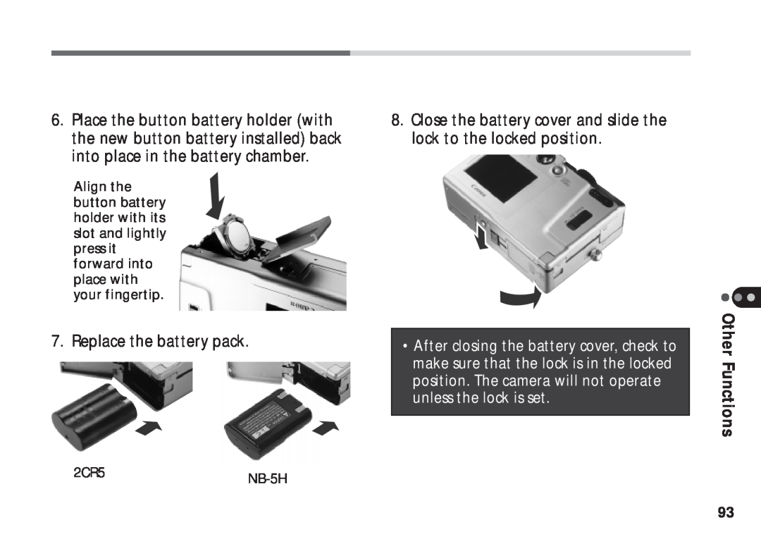Canon A50 manual Replace the battery pack, Close the battery cover and slide the lock to the locked position, 2CR5NB-5H 