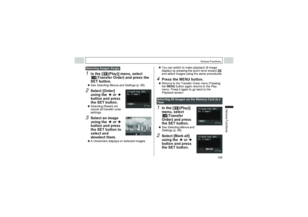 Canon A510, A520 manual Play menu, select Transfer Order and press SET button 