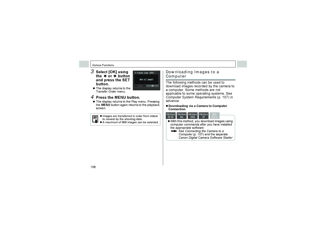 Canon A520, A510 manual Downloading Images to a Computer, Display returns to the Transfer Order menu 