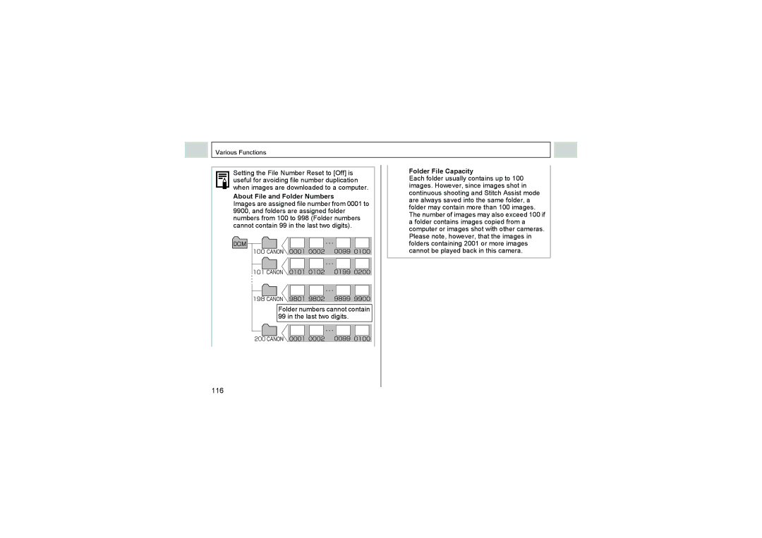 Canon A520, A510 manual 116, About File and Folder Numbers, Folder File Capacity 