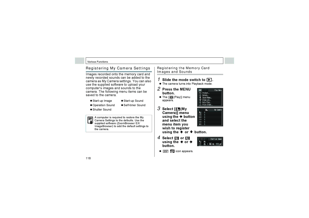 Canon A520, A510 manual Registering My Camera Settings, Registering the Memory Card Images and Sounds 