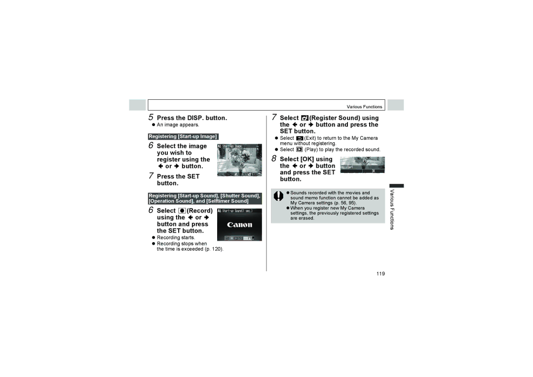 Canon A510, A520 manual Press the DISP. button, An image appears, Recording starts Recording stops when Time is exceeded p 