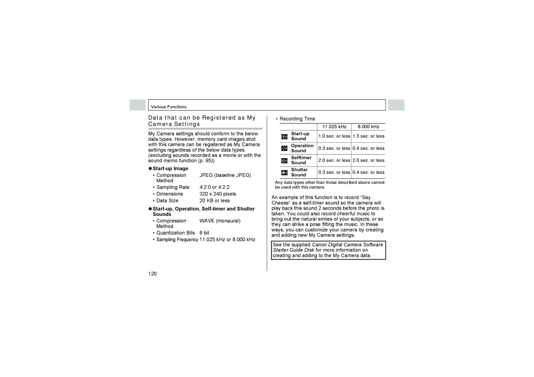 Canon A520, A510 manual Data that can be Registered as My Camera Settings, ZStart-up Image, Compression 