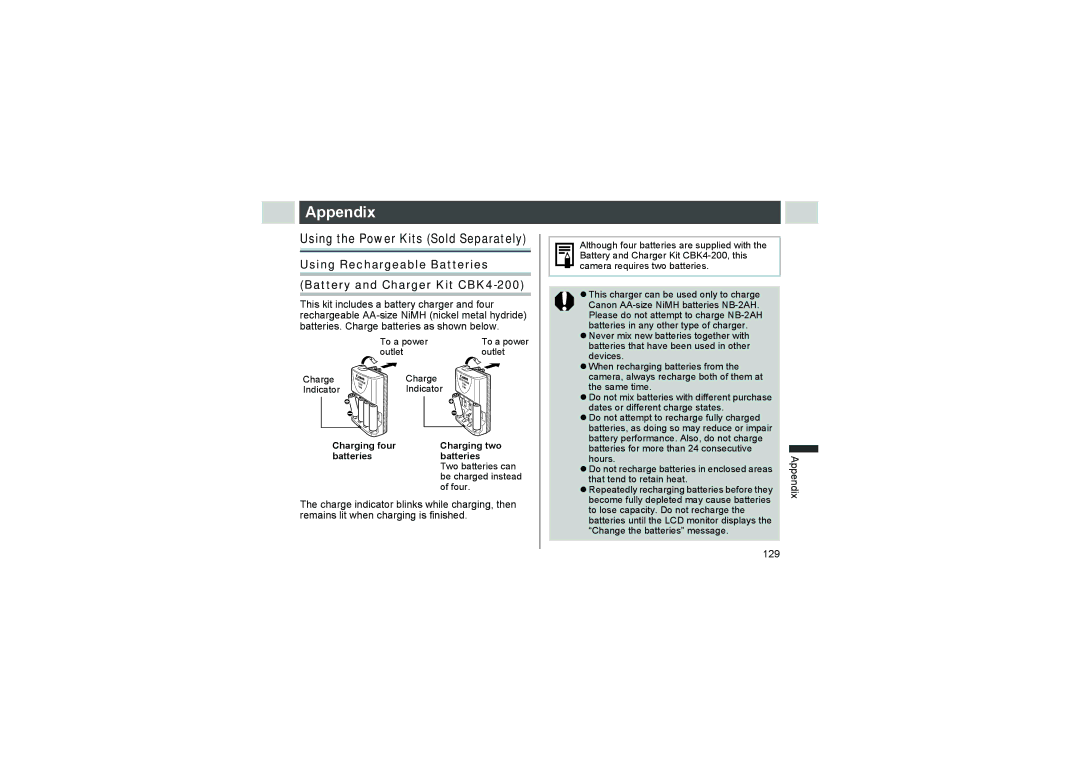 Canon A510, A520 manual Appendix, Using the Power Kits Sold Separately, Charging four Charging two Batteries 