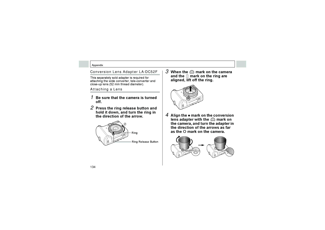 Canon A520, A510 manual Conversion Lens Adapter LA-DC52F, Attaching a Lens, 134 