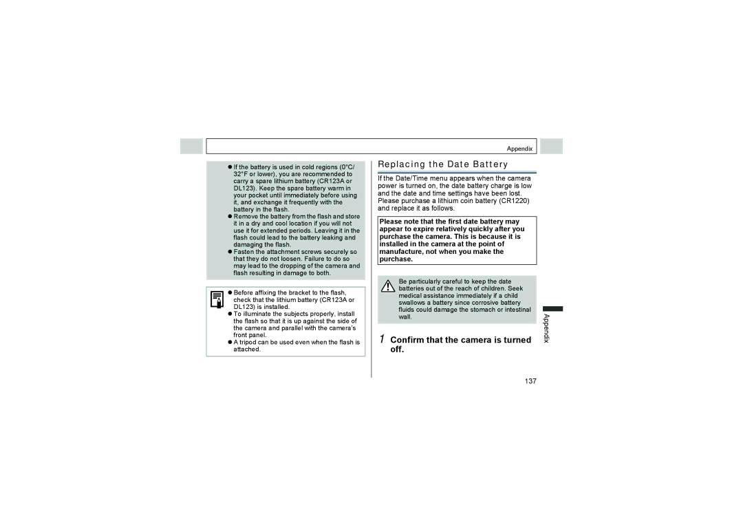 Canon A510, A520 manual Replacing the Date Battery, Confirm that the camera is turned off, Appendix 137 
