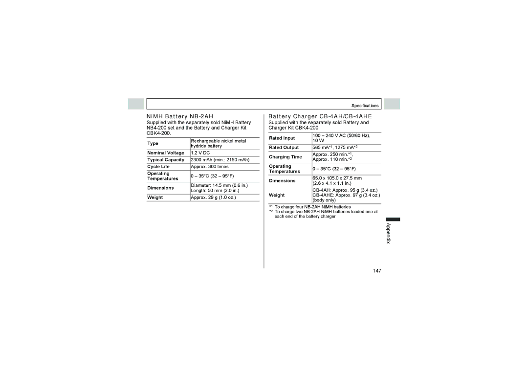 Canon A510, A520 manual NiMH Battery NB-2AH, Battery Charger CB-4AH/CB-4AHE, Appendix 147 