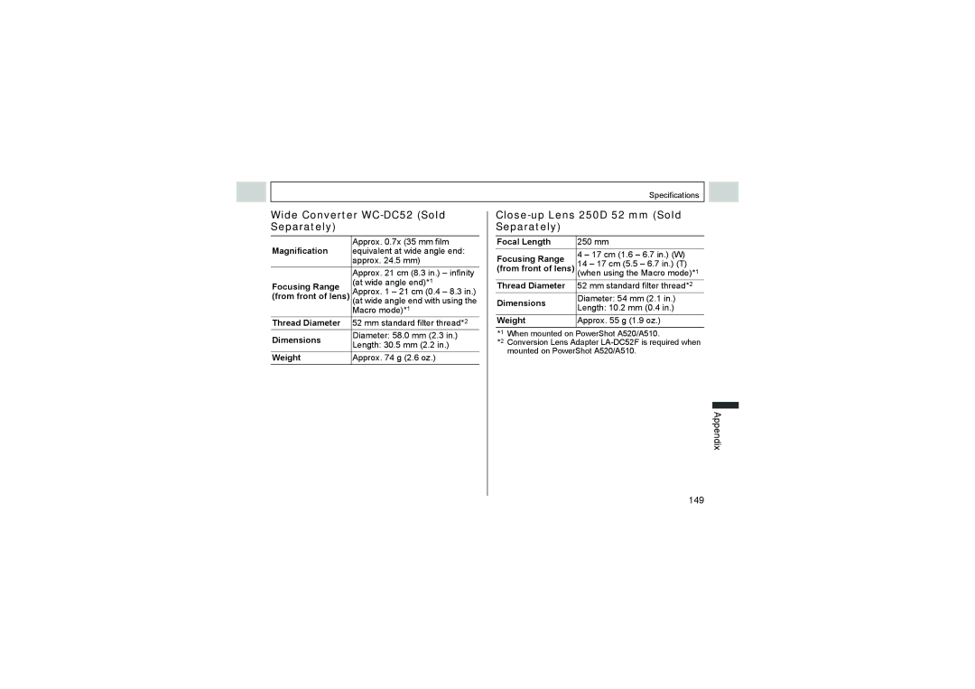 Canon A510, A520 manual Wide Converter WC-DC52 Sold Separately, Close-up Lens 250D 52 mm Sold Separately, Appendix 149 