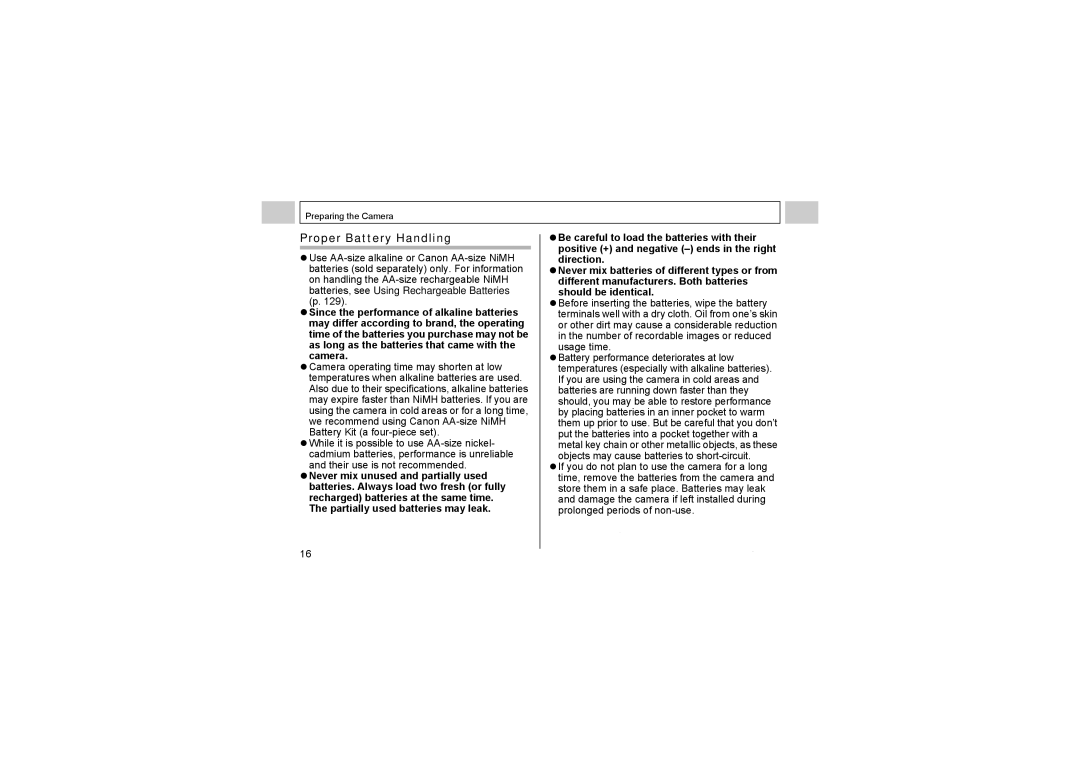 Canon A520, A510 manual Proper Battery Handling 