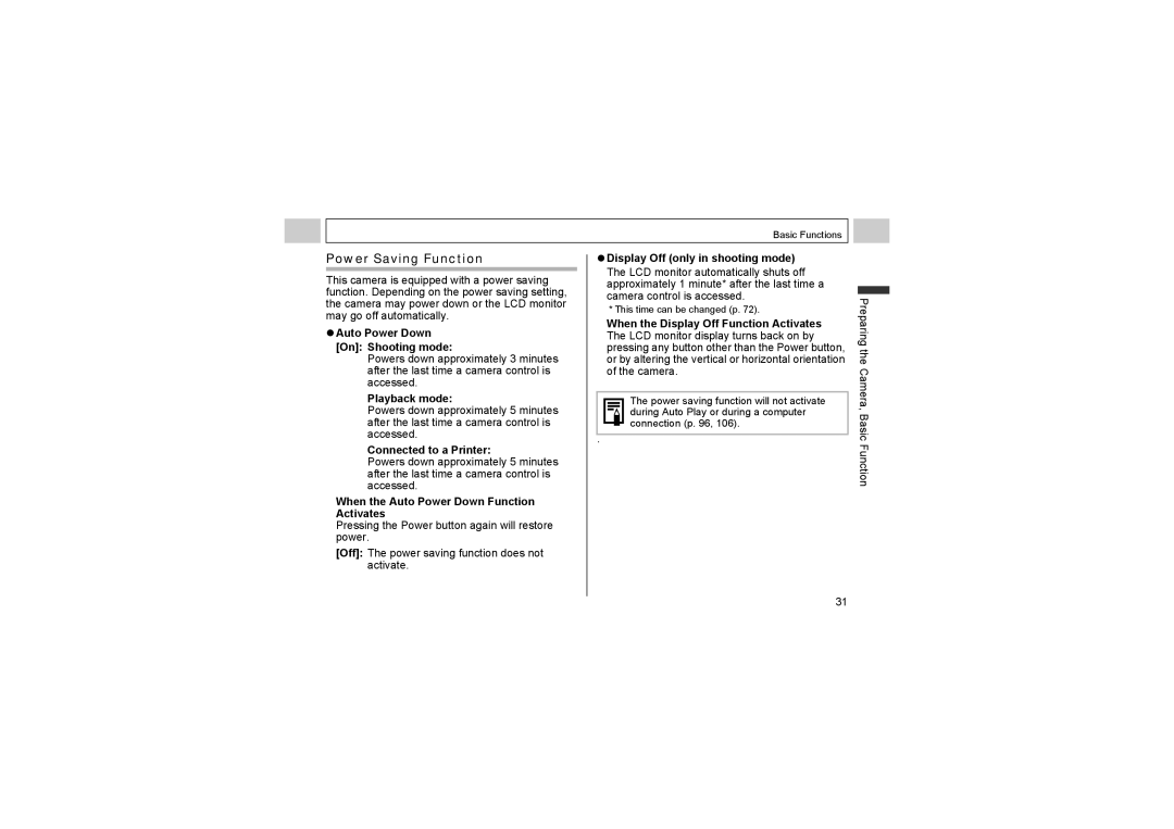 Canon A510, A520 manual Power Saving Function, Auto Power Down On Shooting mode, Playback mode, Connected to a Printer 