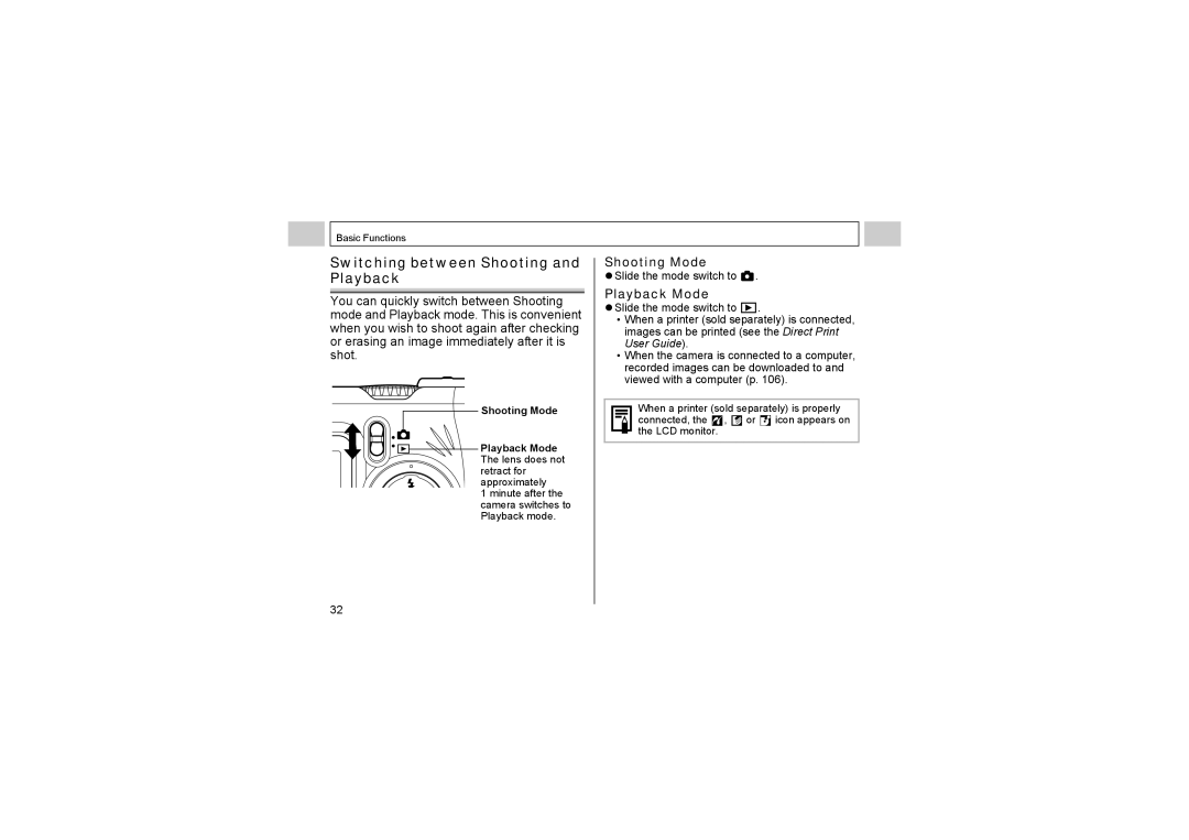 Canon A520, A510 manual Switching between Shooting and Playback, Slide the mode switch to 