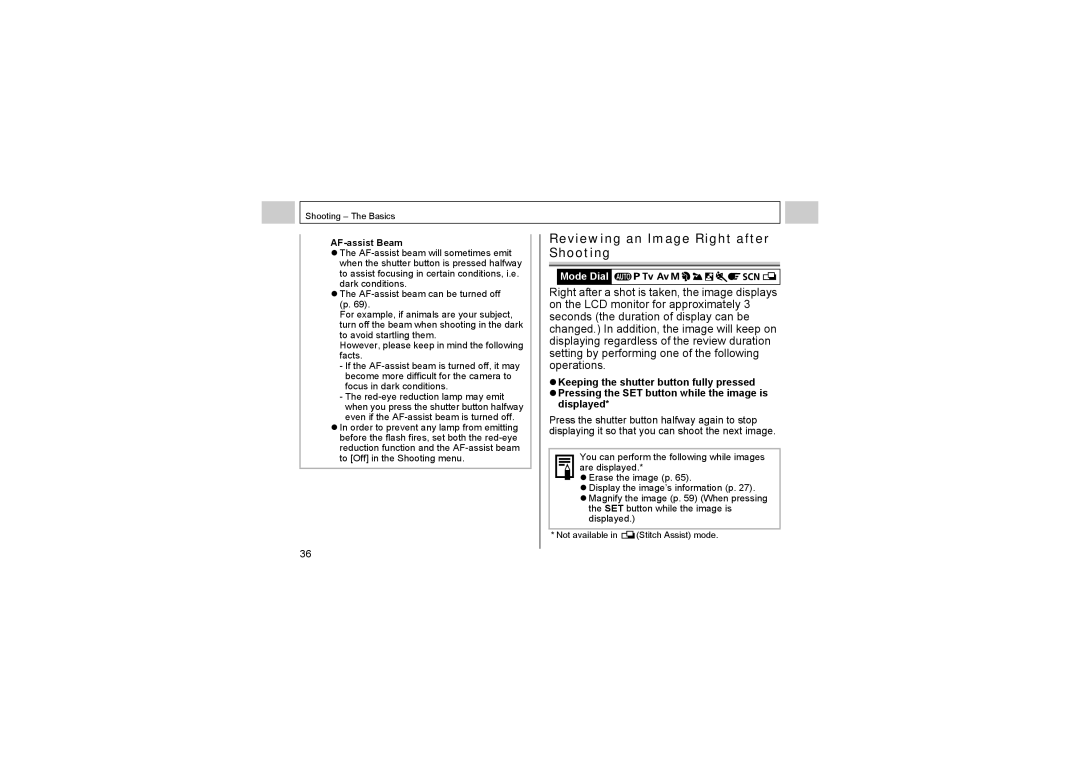 Canon A520, A510 manual Reviewing an Image Right after Shooting, AF-assist Beam 