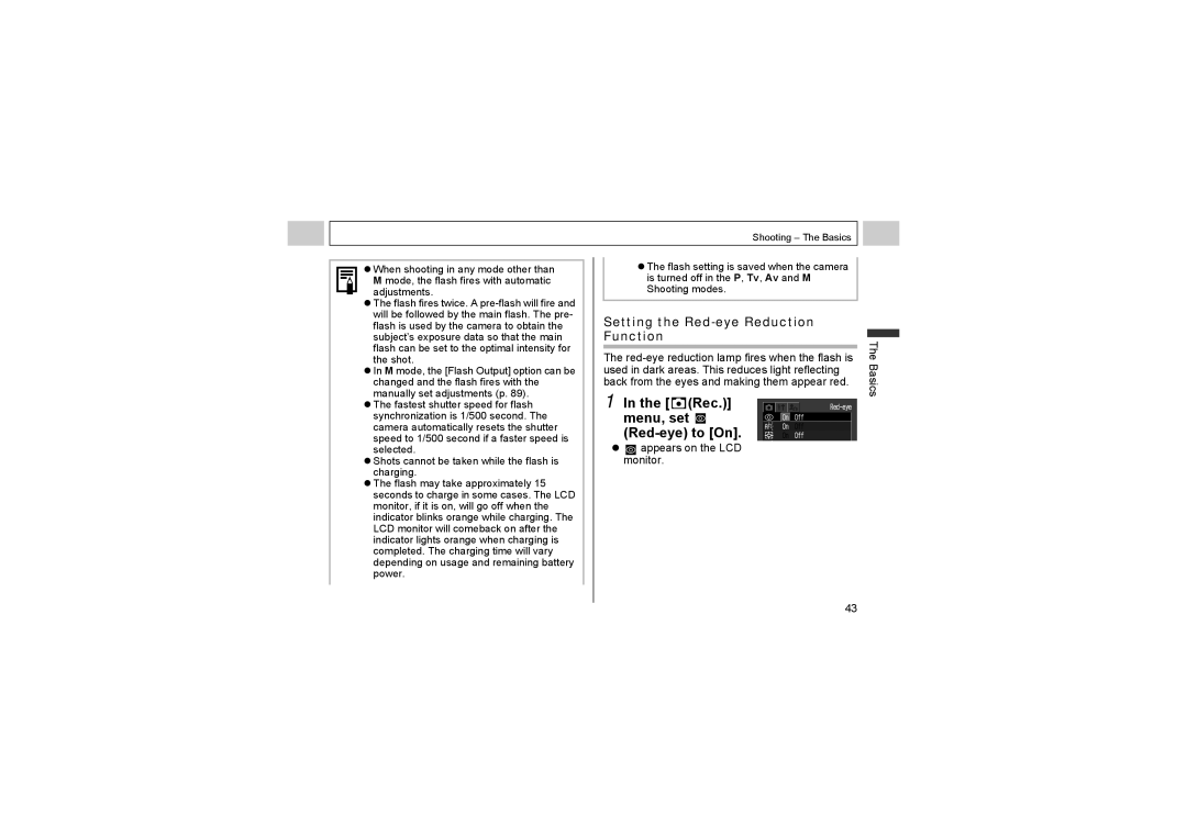 Canon A510, A520 Rec. menu, set Red-eye to On, Setting the Red-eye Reduction Function, Appears on the LCD monitor Basics 