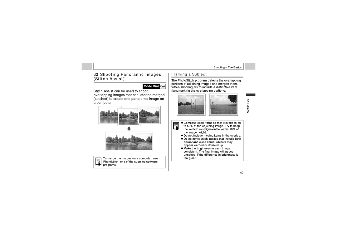 Canon A510, A520 manual Shooting Panoramic Images Stitch Assist, Framing a Subject 