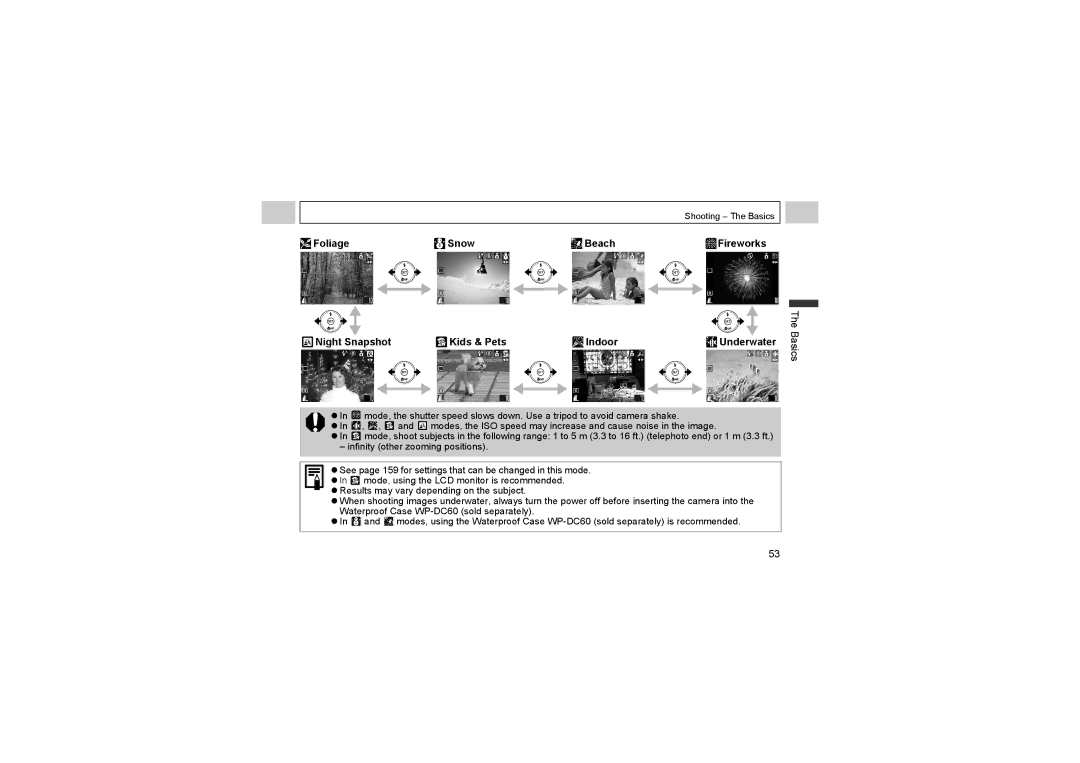 Canon A510, A520 manual Foliage Snow, Night Snapshot Kids & Pets, Fireworks Underwater, Beach, Indoor 