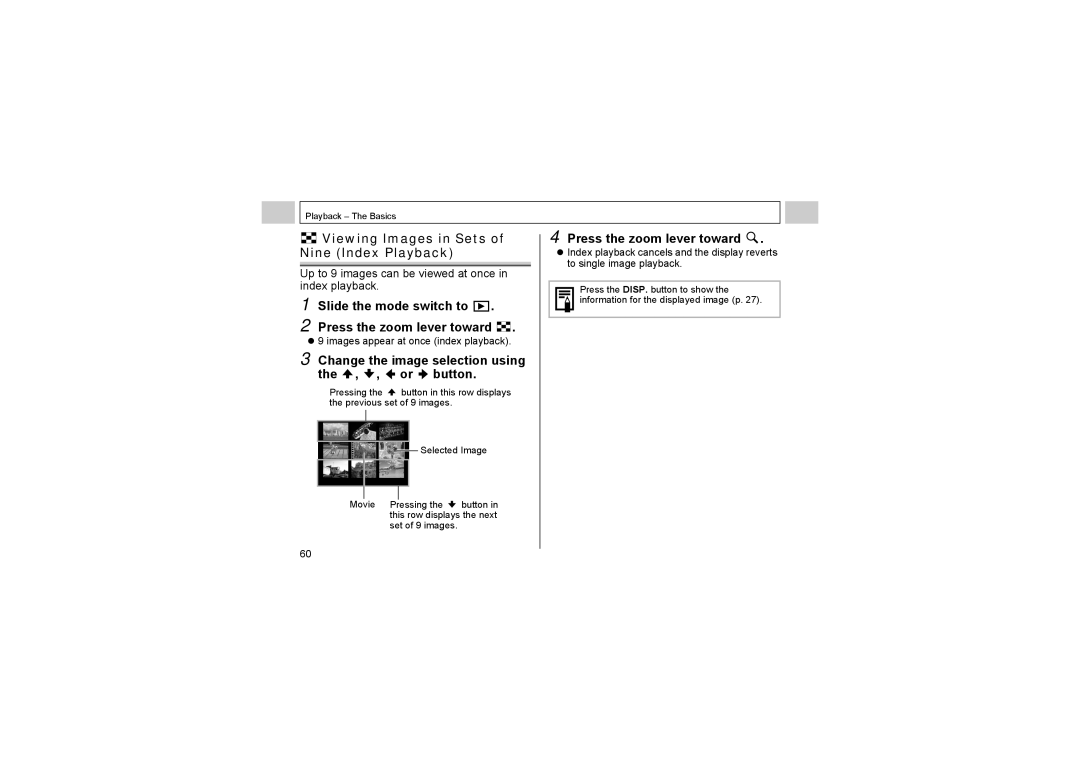 Canon A520, A510 manual Viewing Images in Sets of Nine Index Playback, Change the image selection using the , , or button 