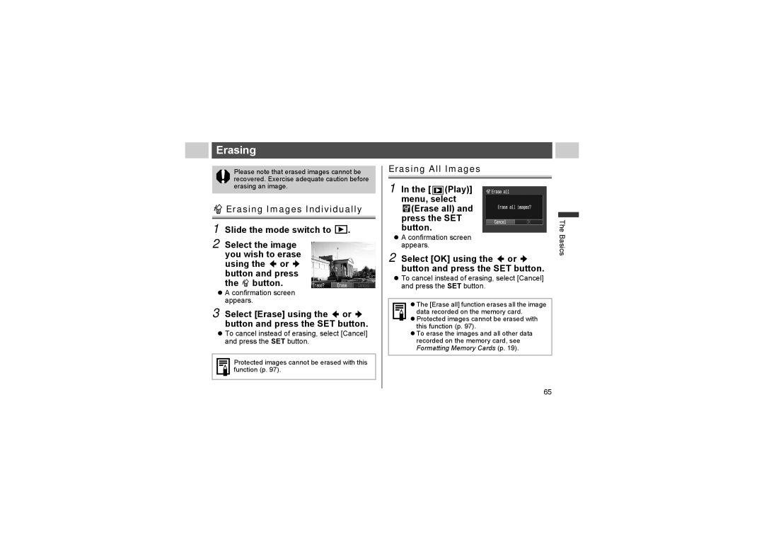 Canon A510, A520 manual Erasing, Select Erase using the or button and press the SET button, Confirmation screen appears 