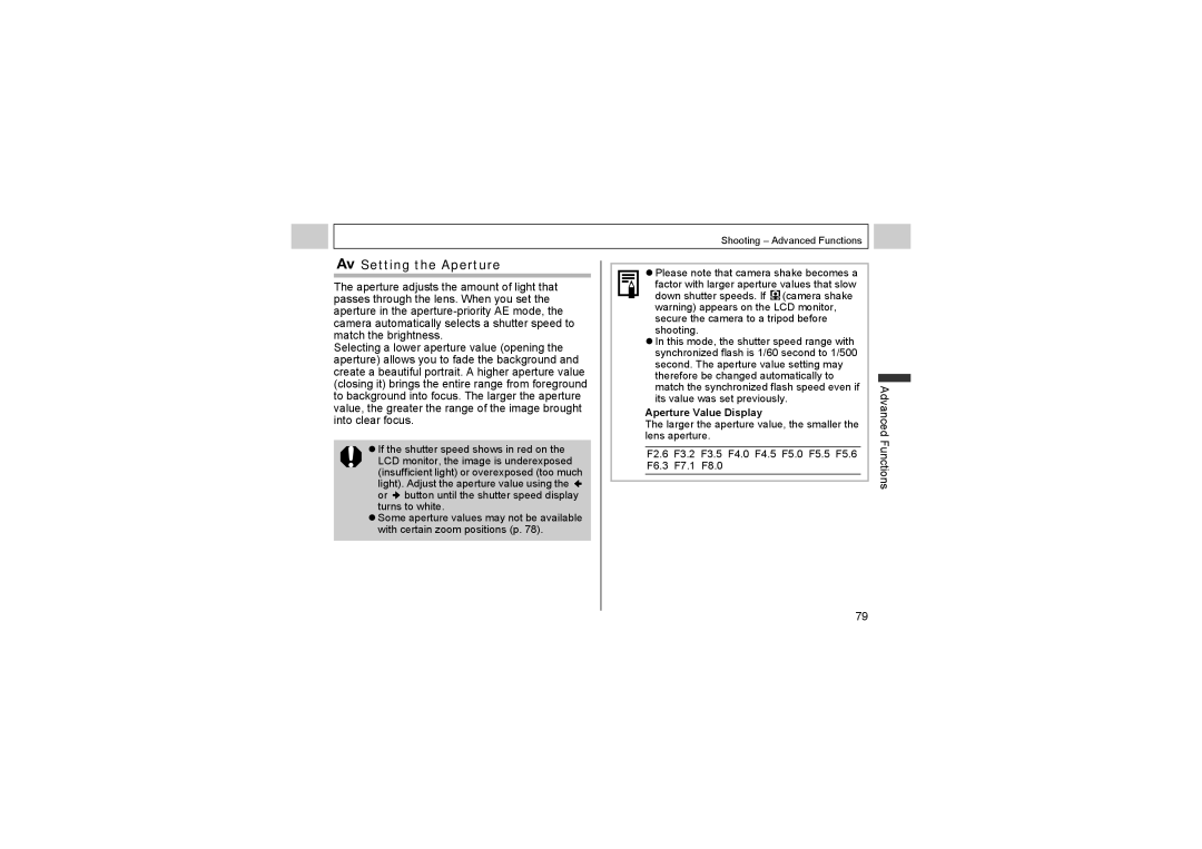 Canon A510, A520 manual Setting the Aperture, Aperture Value Display 