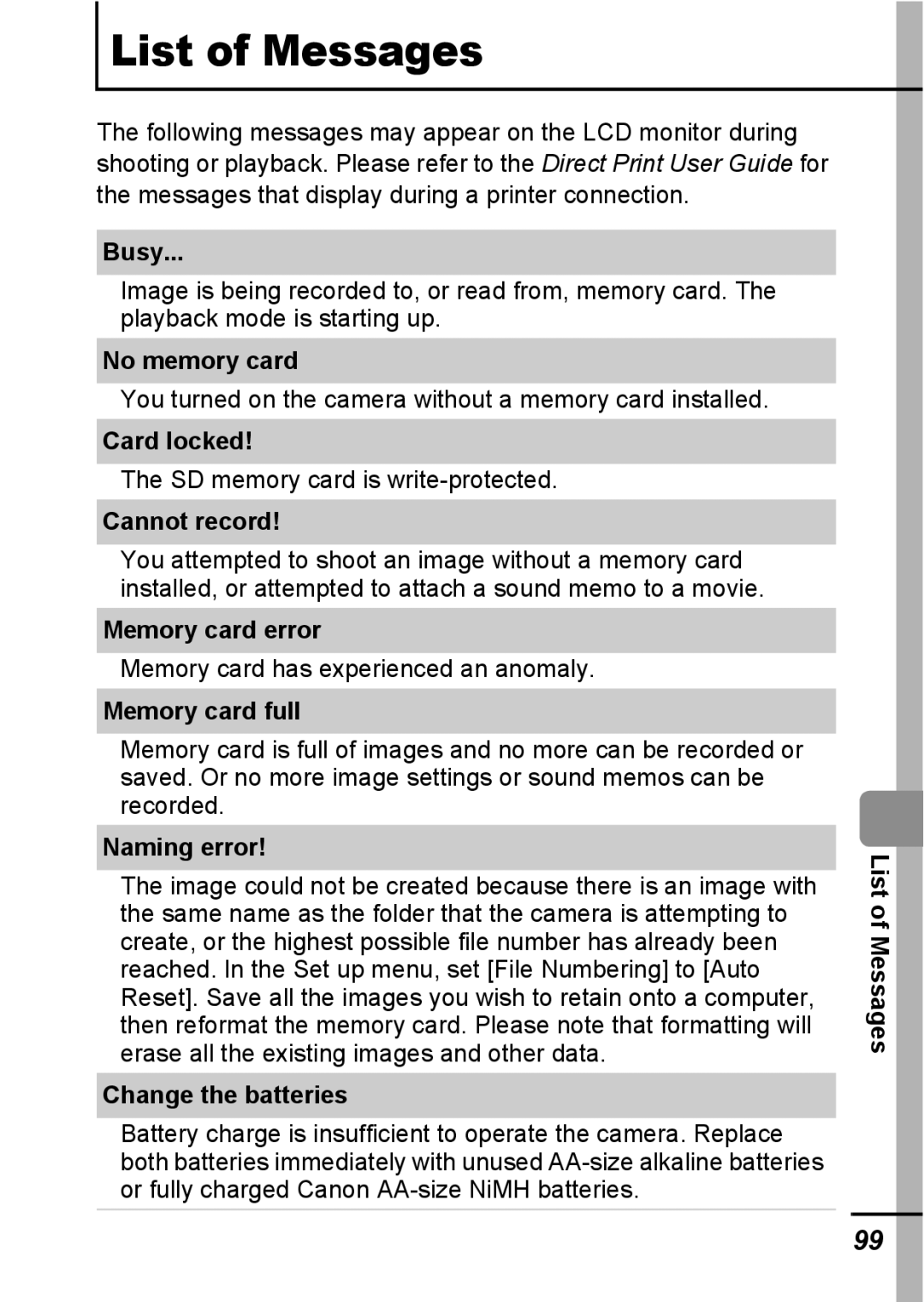 Canon A540 appendix Busy, No memory card, Card locked, Cannot record, Memory card error, Memory card full, Naming error 