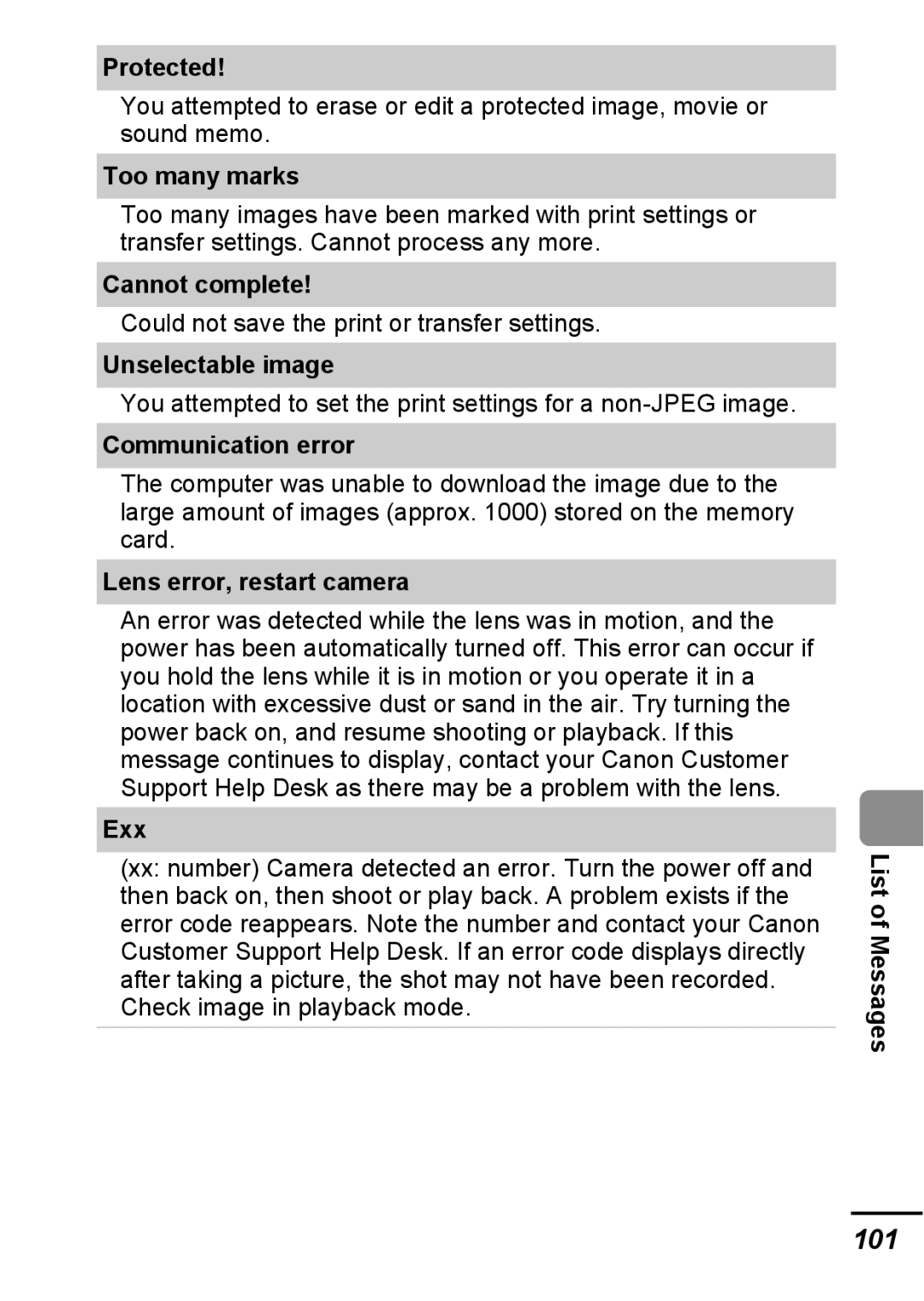 Canon A540 appendix 101 