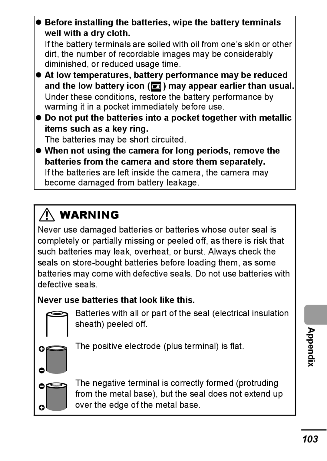 Canon A540 appendix 103, Batteries may be short circuited, Never use batteries that look like this, Appendix 