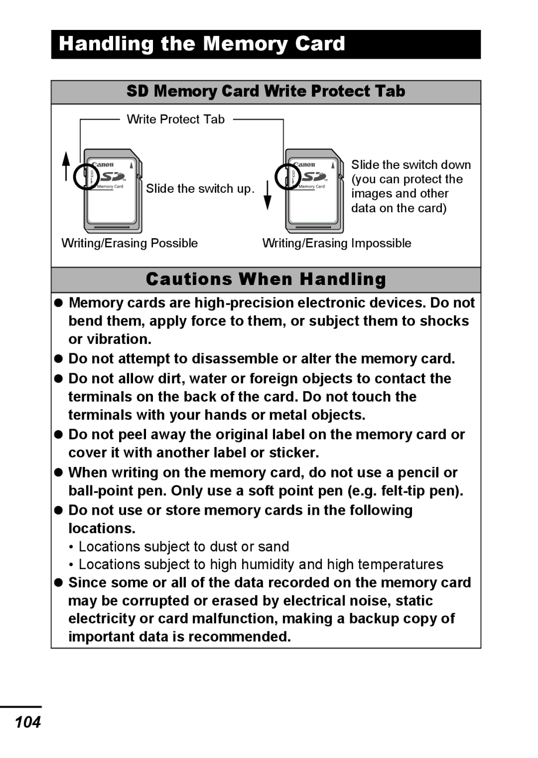 Canon A540 appendix Handling the Memory Card, SD Memory Card Write Protect Tab, 104 