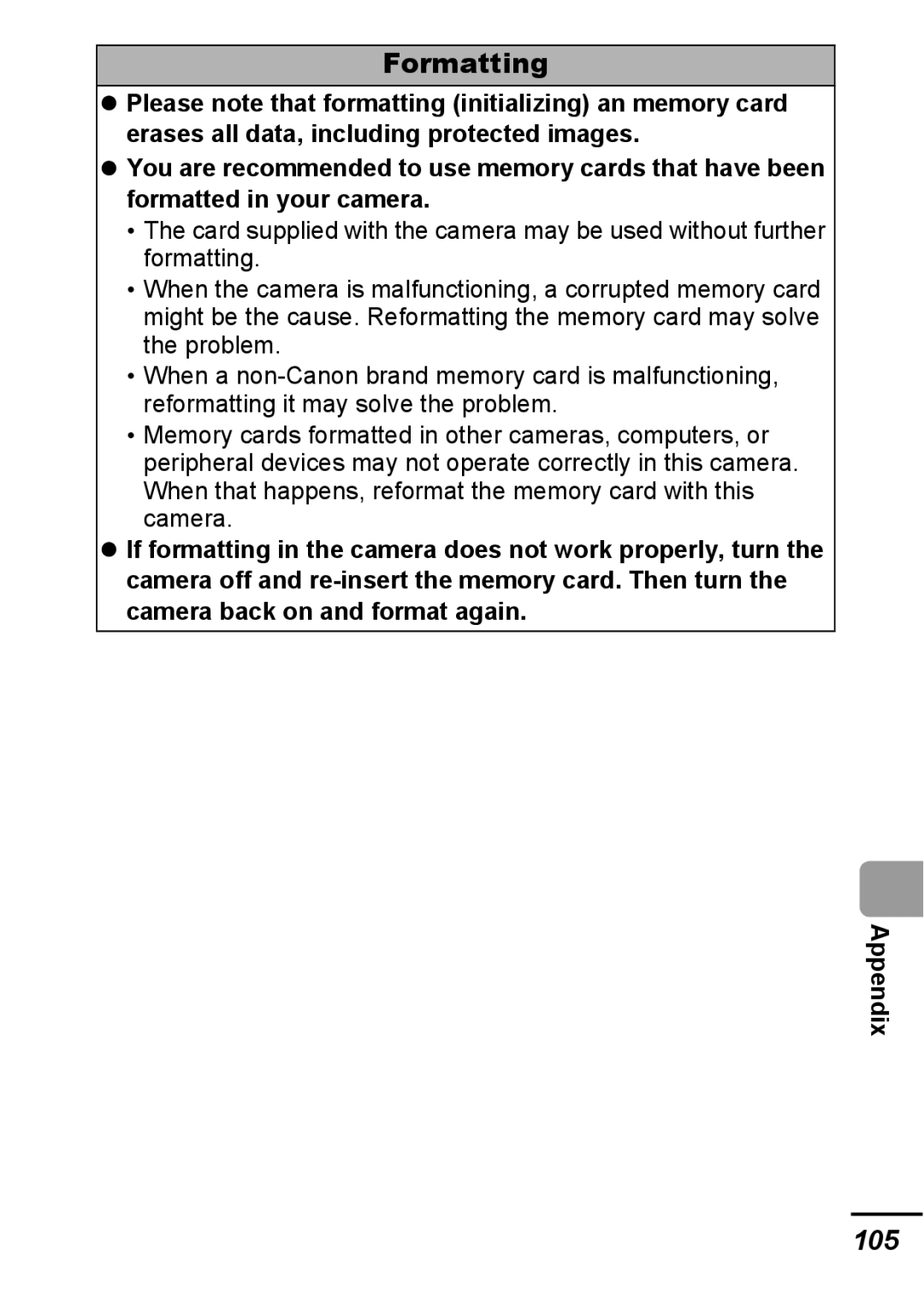 Canon A540 appendix Formatting, 105 