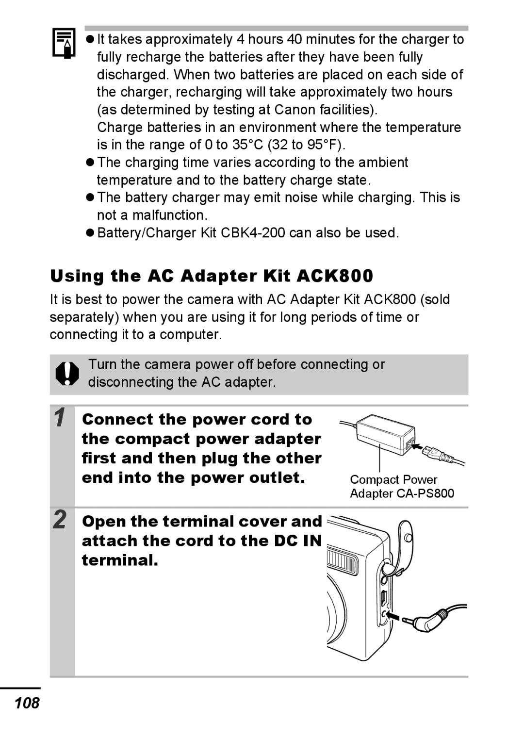 Canon A540 appendix Using the AC Adapter Kit ACK800, 108 