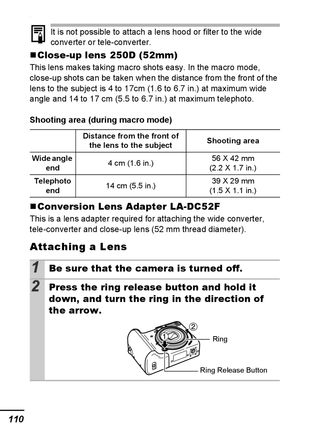 Canon A540 appendix Attaching a Lens, #Close-up lens 250D 52mm, #Conversion Lens Adapter LA-DC52F, 110 