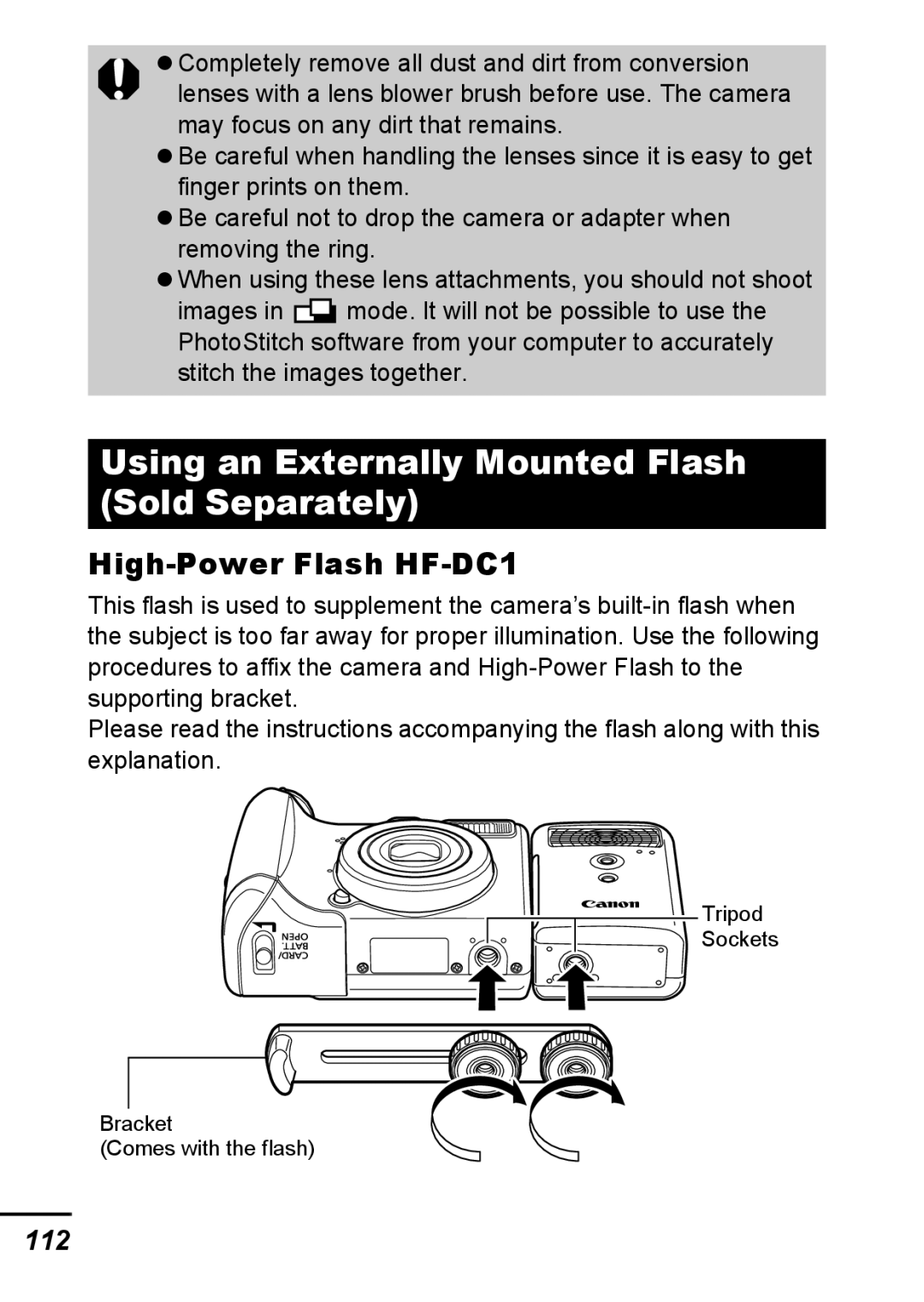 Canon A540 appendix Using an Externally Mounted Flash Sold Separately, High-Power Flash HF-DC1, 112 