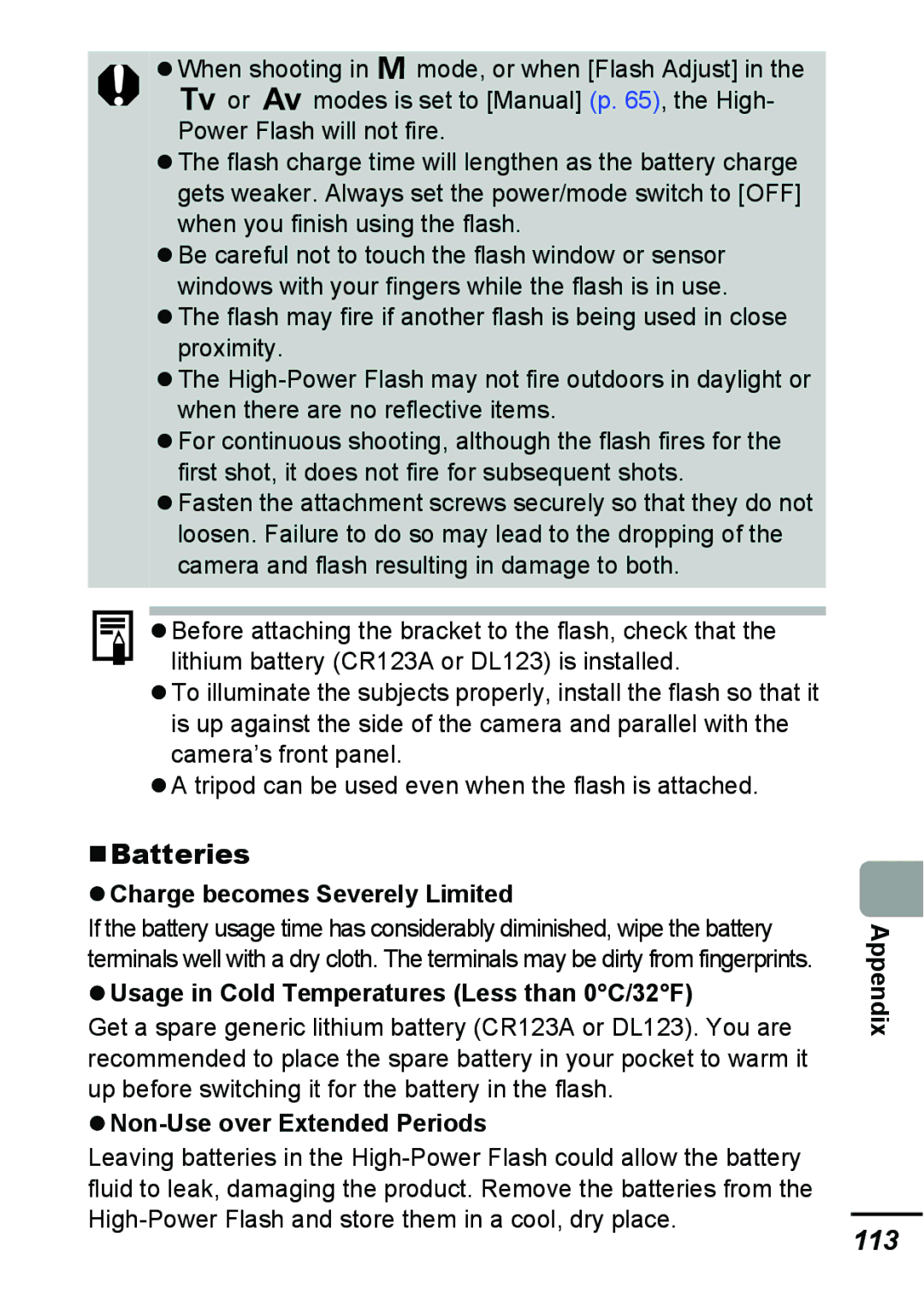Canon A540 appendix #Batteries, 113, Charge becomes Severely Limited, Usage in Cold Temperatures Less than 0C/32F 