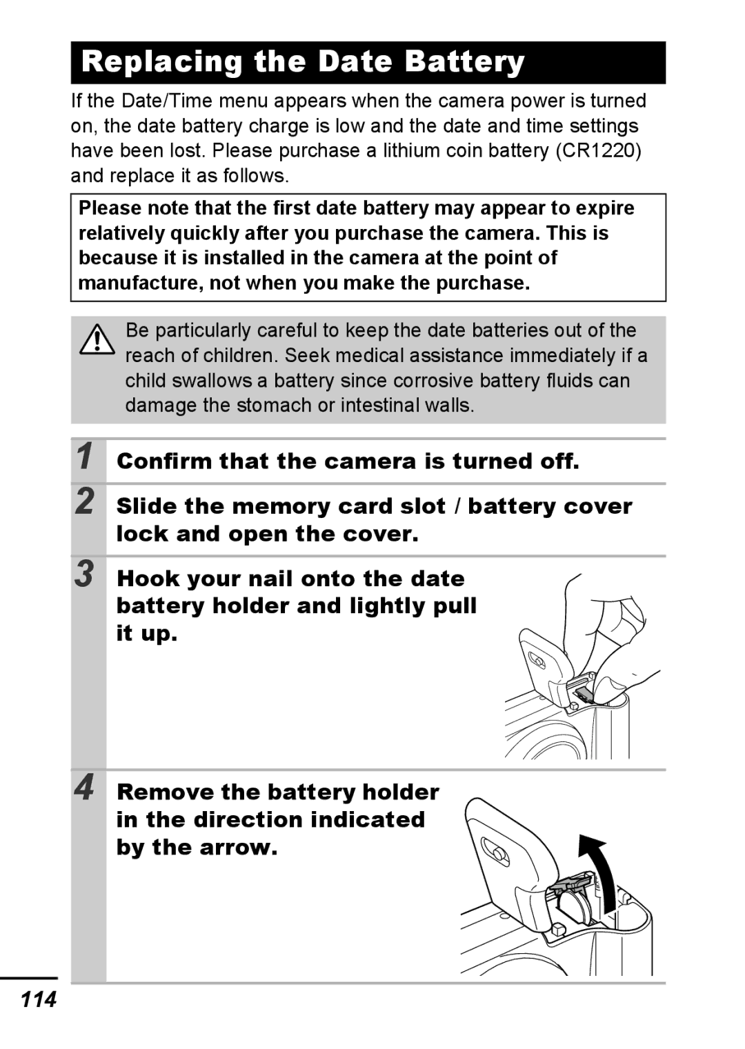 Canon A540 appendix Replacing the Date Battery, 114 